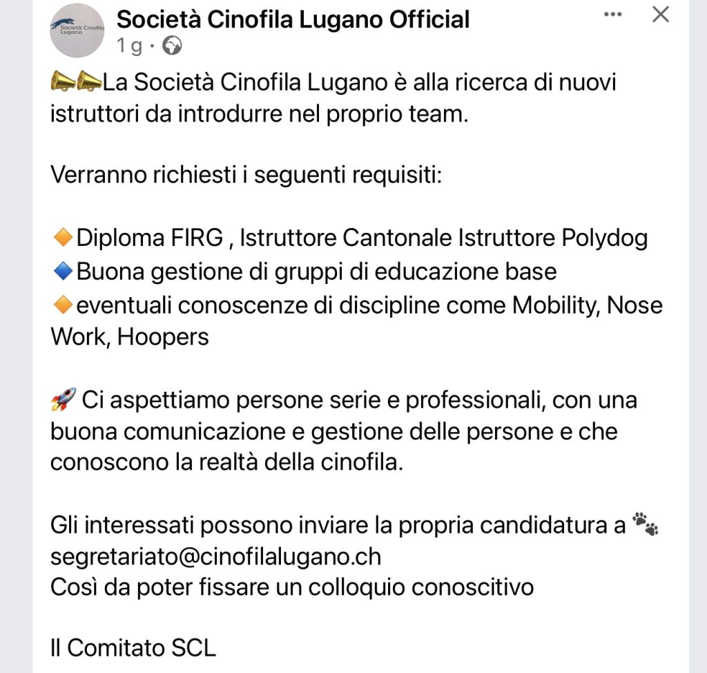 Società Cinofila Lugano ricerca istruttori