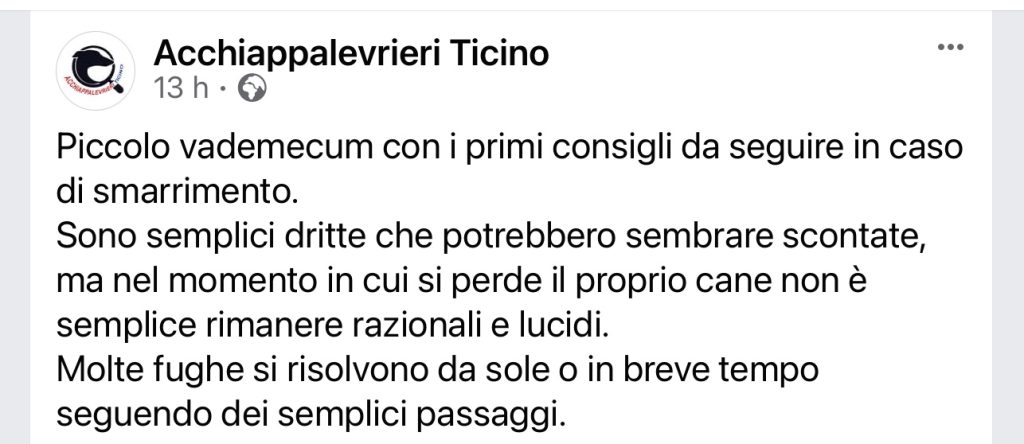 Vademecum Smarrimento Cane Acchiappalevrieri Ticino