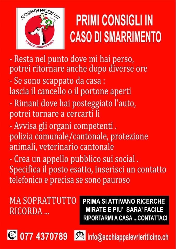 Vademecum Smarrimento Cane Acchiappalevrieri Ticino