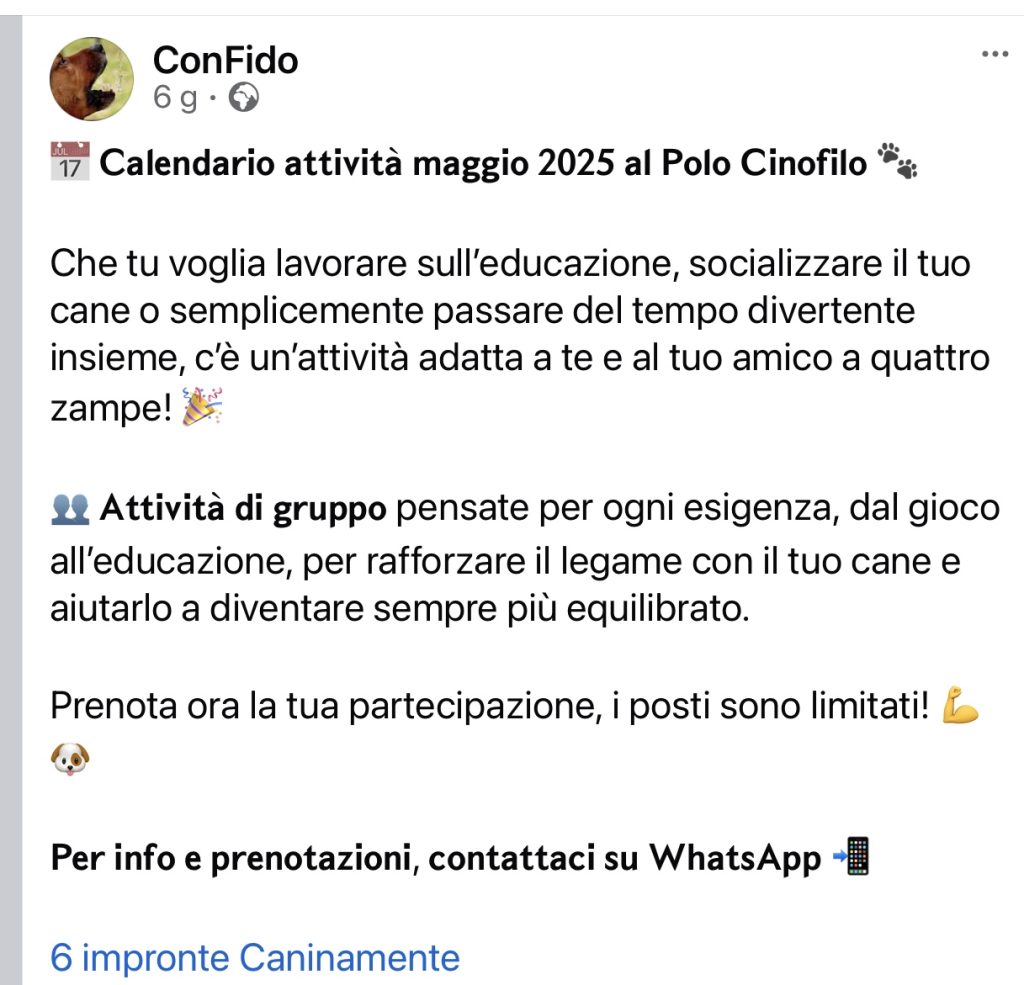 Calendario maggio 2025 Caninamente 6impronte Confido