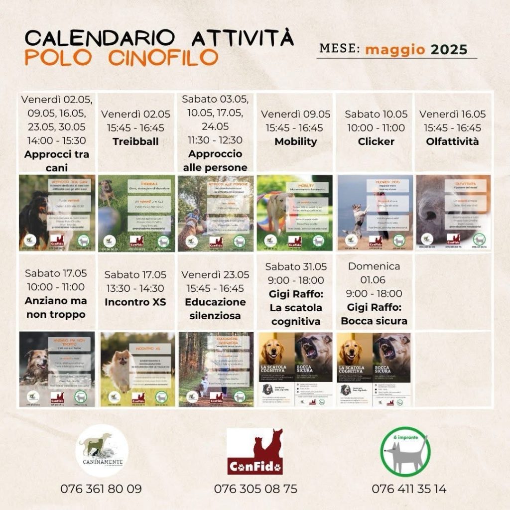Calendario maggio 2025 Caninamente 6impronte Confido