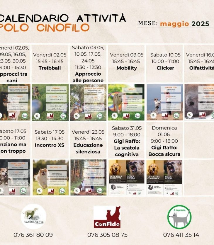 Calendario maggio 2025 Caninamente 6impronte Confido